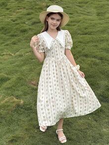 SHEIN Serisse Kids 女童白色夏季端莊茶會復古油畫花卉印花中長洋裝，缺口領泡泡袖仙氣宮廷風 - 彩色 - 查看 5