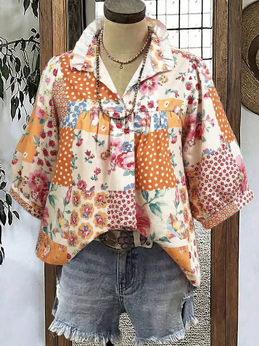 Linhara Plus Size Ditsy Floral Shirt, Comfortable Elegant Vintage, Suitable For Vacation, Party Vacation, , Versatile, Exquisite Design Beige Autumn - Multicolor - View 1
