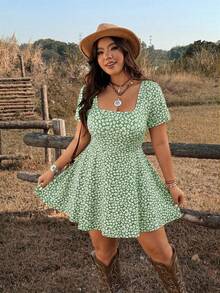 Ceyna Plus Size Ditsy Floral Square Neck Knit Casual Boho Capsule Wardrobe Jumpsuit Vacation Carribean Green Summer - Green - View 5