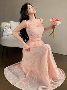 DAZY Đầm dài gợi cảm mùa xuân hè dành cho nữ, dây mảnh, thắt eo, chất liệu ren, màu hồng. - Hồng - Xem 6