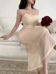 DAZY Women's Elegant Ruched Waist Slim Fit Dress, Minimalist Solid Color, Summer Party Apricot Sundress - Apricot - View 5