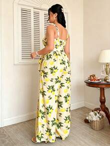 FleurLily Bộ áo liền quần cỡ lớn dành cho nữ, có dây đeo điều chỉnh eo, túi hai bên, in hình quả chanh, thoải mái và thanh lịch, thích hợp cho mặc ngoài trời. - Màu vàng - Xem 2