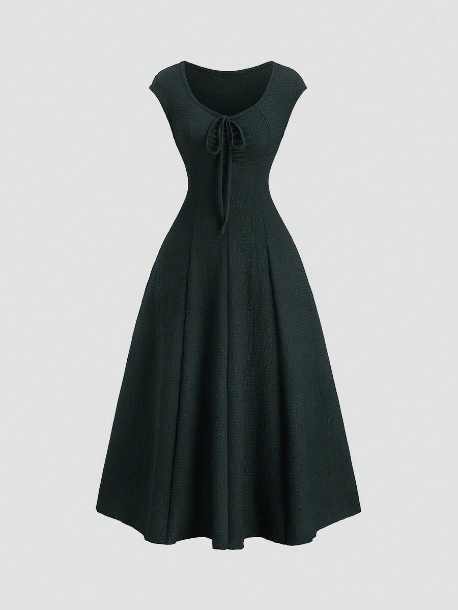 Sweetra Solid Color Cinched Waist Fitted Knit Maxi Dress, European And American Style - Dark Green - View 1