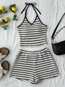 Tween Girls' Summer Vacation Striped Halter Top And Shorts Set - Black and White - View 1