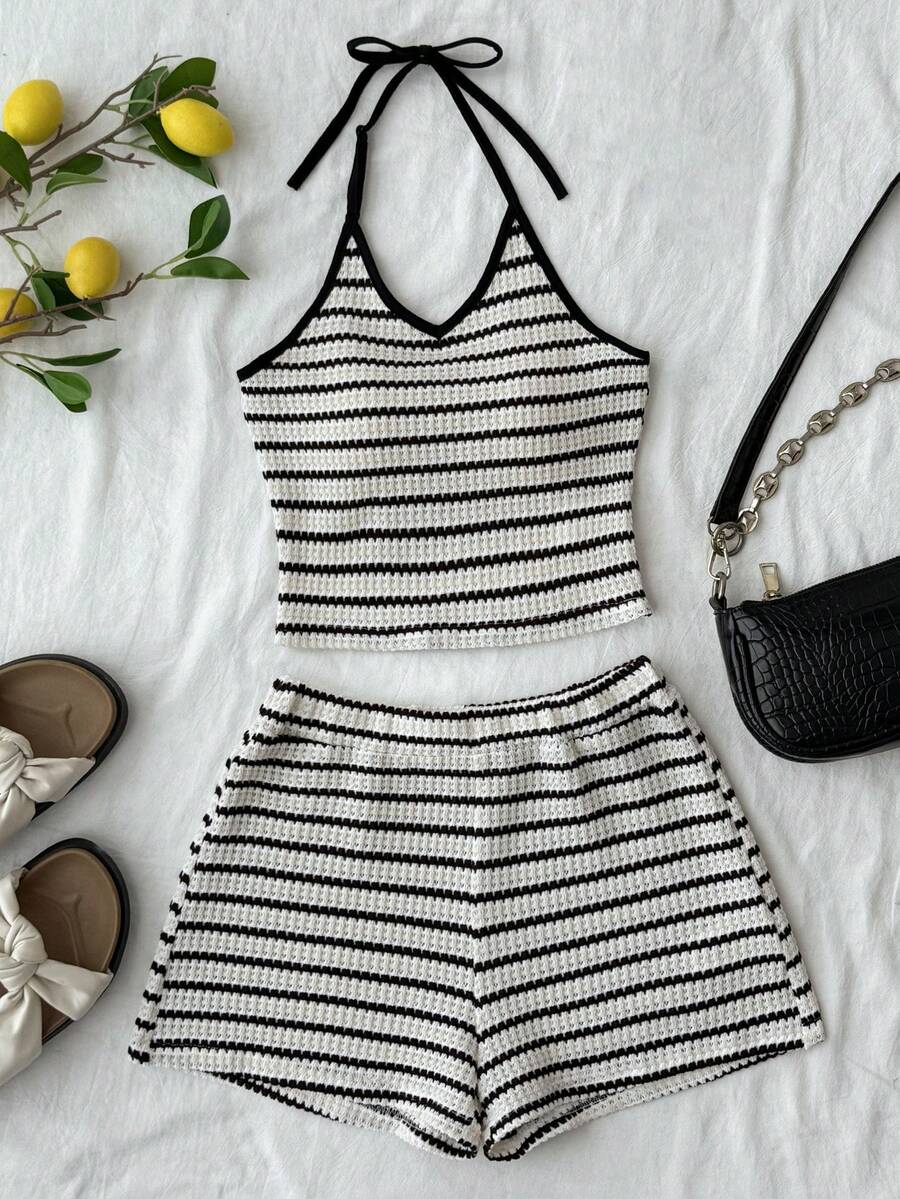Tween Girls' Summer Vacation Striped Halter Top And Shorts Set - Black and White - View 1