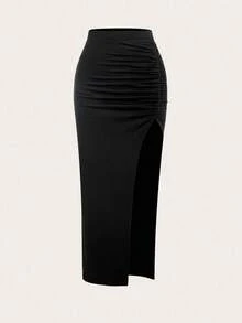 Sweetra Women's Summer Casual Ruched High Slit Bodycon Skirt Y2K Outfit  Maxi Women Outfit - Multicolor - View 3
