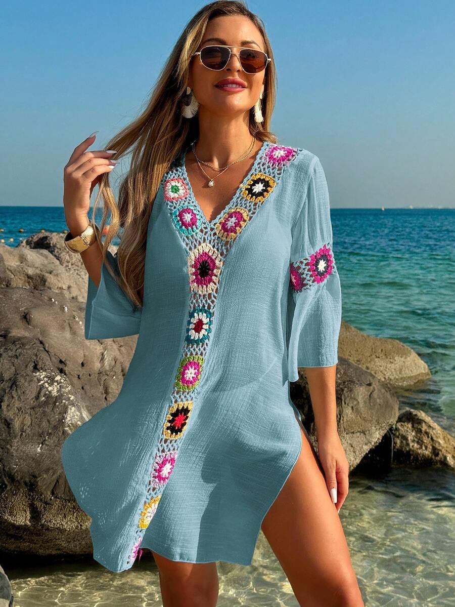 Swim Lushoire Women V-Neck 3/4 Sleeve Crochet Floral Random Color Side Slit Loose Dress Cover Up - Blue - View 1