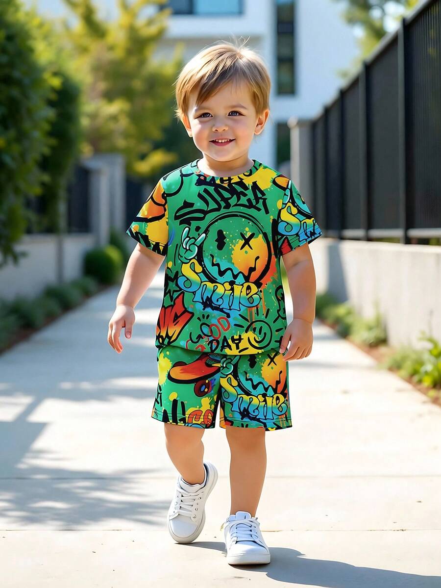 SHEIN 2pcs/Set Young Boy Label & Slogan All-Over Print Soft Knit Short Sleeve Crew Neck T-Shirt And Shorts Set,Summer Casual Holiday Wear - Multicolor - View 1