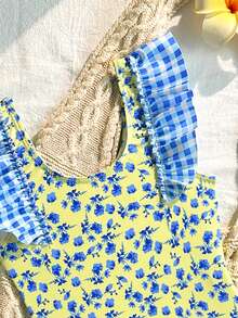 SHEIN Young Girls One-Piece Swimsuit,Cute Blue Plaid & Ditsy Floral Knitted Elastic Ruffled Digital Print Bikini Sets,Fashionable For Summer,Beach,Holiday - Multicolor - View 5