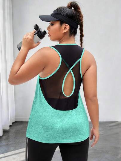 Maweii Plus Size Summer Casual Mesh Patchwork Hollow Out Sports Tank Top