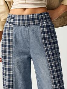 SHEIN BohoFeels New Women's High-Waisted Patchwork Plaid Wide-Leg Casual Jeans In Blue Summer Outfit For Women Winter Clothes Festival Outfits For Women Mothers Day Outfit Beach Outfits Y2k Work Outfits For Women - Multicolor - View 5