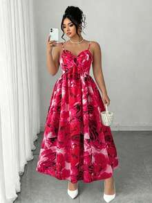 Elenzga Plus Size Women New Woven Tie Dye Floral Print Dress,Blush Pink Summer Elegant Formal Adjustable Spaghetti Straps Twist Front Open Back A-Line Skirt - Multicolor - View 6