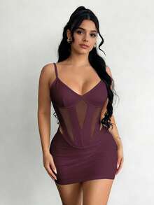 Zyxie Đầm ngắn ôm sát cơ thể dành cho nữ, dây mảnh, phối lưới, thiết kế khoét rỗng. - Màu Đỏ Sâu - Xem 5