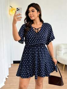 Easura 大码女式夏季法式优雅休闲系带V领短袖收腰荷叶边下摆棕色波点连衣裙 - 藏蓝色 - 查看 3