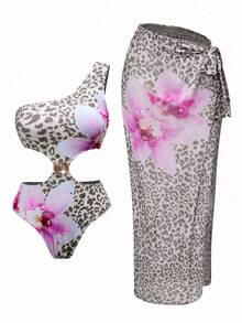 Swim Oasis Women's Leopard & Floral Print One-Piece Swimsuit Cover-Up With Skirt, For Beach Vacation Animal Print Swimwear One Price Bathing Suits For Women Leopard Print Winter Capri Beachwear Floral Swimwear Swimming Outfit For Women - Multicolor - View 10