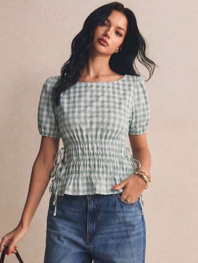 Poéselle 休闲格子圆领短袖系带衬衫，夏季