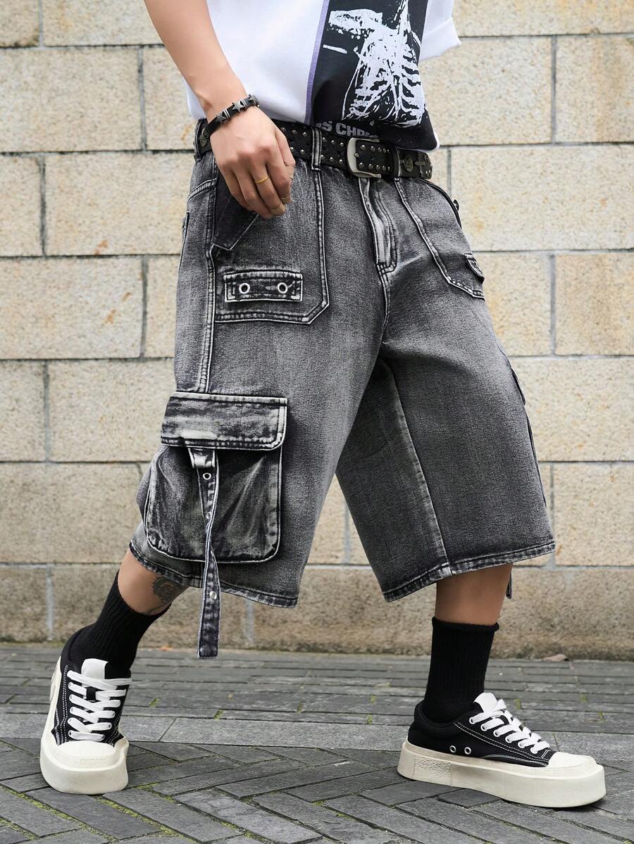 Manfinity EMRG Quần short denim nam mùa hè, chất liệu denim mài, có túi lật. - Màu Xám nhạt - Xem 1