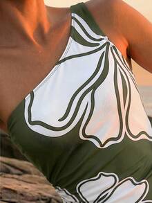CAJUNI Asymmetric Design Knitted Dress, Abstract Floral Print, Elegant,Dresses For Women Summer - Green - View 5