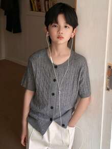 Tween Boy Minimalist Single-Breasted Short Sleeve Knit Cardigan - Grey - View 3