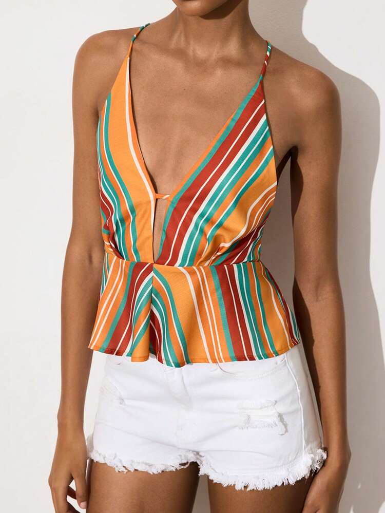 SHEIN Maija Women's Vacation Casual Contrast Stripe Backless Halter Top,Vacation Outfits Women Strips Top Tops For Women