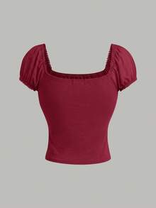 SHEIN Áo thun ngắn tay xếp ly dáng ôm cho thiếu nữ, cổ vuông sâu, tay phồng ren hoa, áo kiểu dự tiệc trà, áo thun mùa hè. - Màu Đỏ Sâu - Xem 2