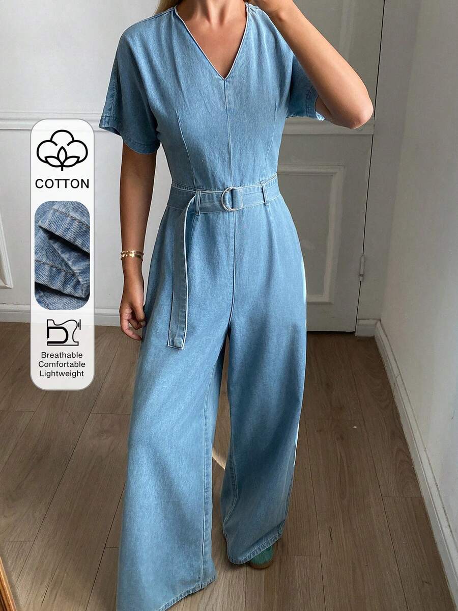 DAZY Women's V-Neck Short Sleeve Waist Cinched Casual Denim Jumpsuit Summer - Light Wash - View 1