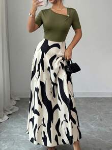 SHEIN Unity 女款橄欖綠夏季優雅茶會早午餐辦公室V領收腰A字洋裝，抽象圖案，金屬扣飾，日常、通勤、街頭穿搭 - 軍綠色 - 查看 8
