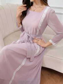 SHEIN Najma Women's Contrast Lace Square Collar Long Sleeve Elegant Arabic Style Dress - Purple - View 1