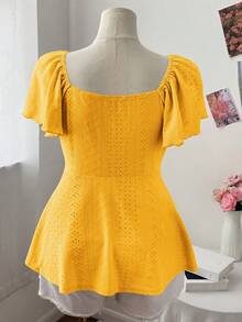 Lyrianda Plus Size Women Square Collar Ruffle Sleeve Textured Casual Cute Elegant A-Line T-Shirt - Yellow - View 2