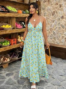 Weeklong Plus Size Women's Casual Vacation Dress With Ruffled Backless, Striped Lemon Print, A-Line, Spring/Summer - Multicolor - View 3