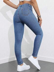 SHEIN EZwear Plus Size Women Street Traditional Casual Elastic Comfortable Light Blue Skinny Jeans Date Night Summer - Light Wash - View 2