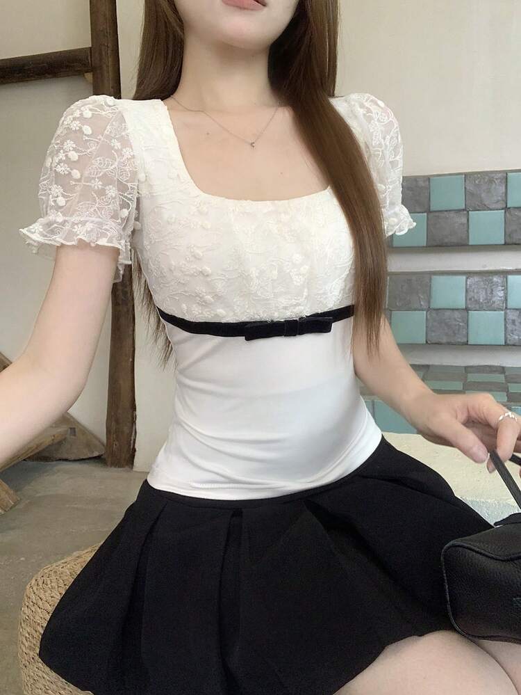 Women's Summer Square Neck Short Sleeve Contrast Color Lace Patchwork Casual T-Shirt