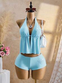 Bellisia 26SS Summer Holiday Beach Holiday Rhinestone Butterfly Halter Tankini Swimwear Set Sky Blue Sexsy - Baby Blue - View 2