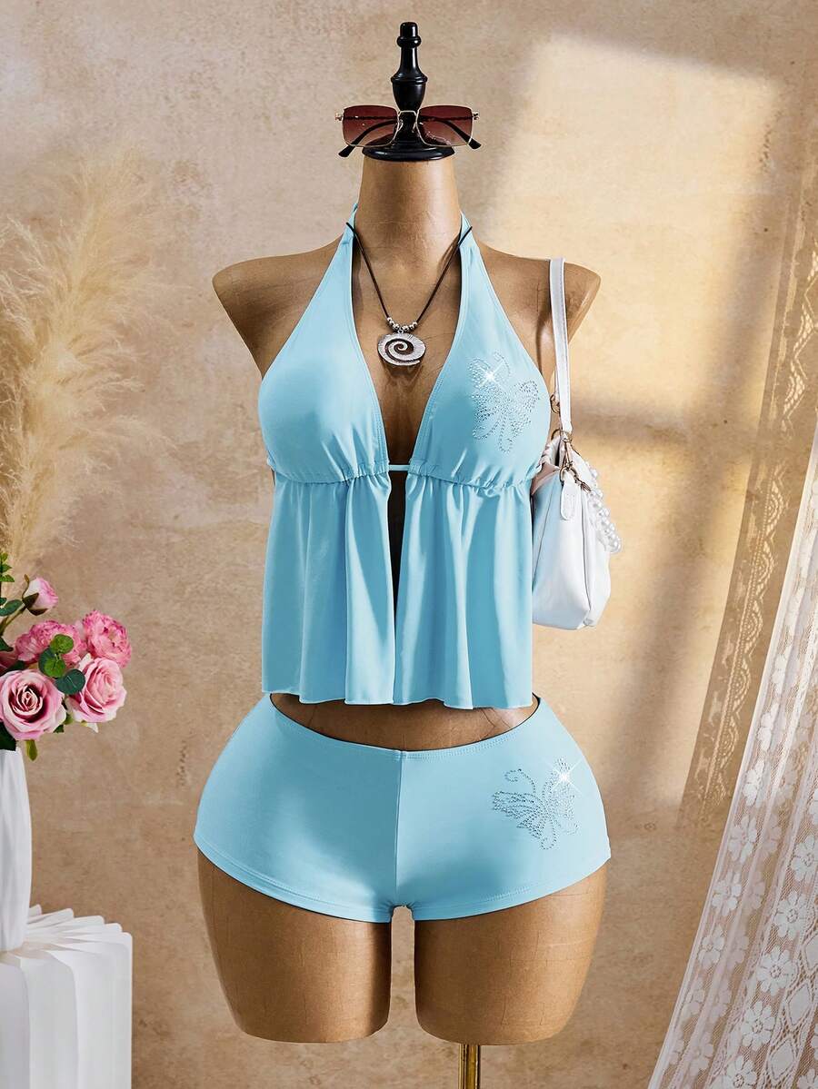 Bellisia 26SS Summer Holiday Beach Holiday Rhinestone Butterfly Halter Tankini Swimwear Set Sky Blue Sexsy