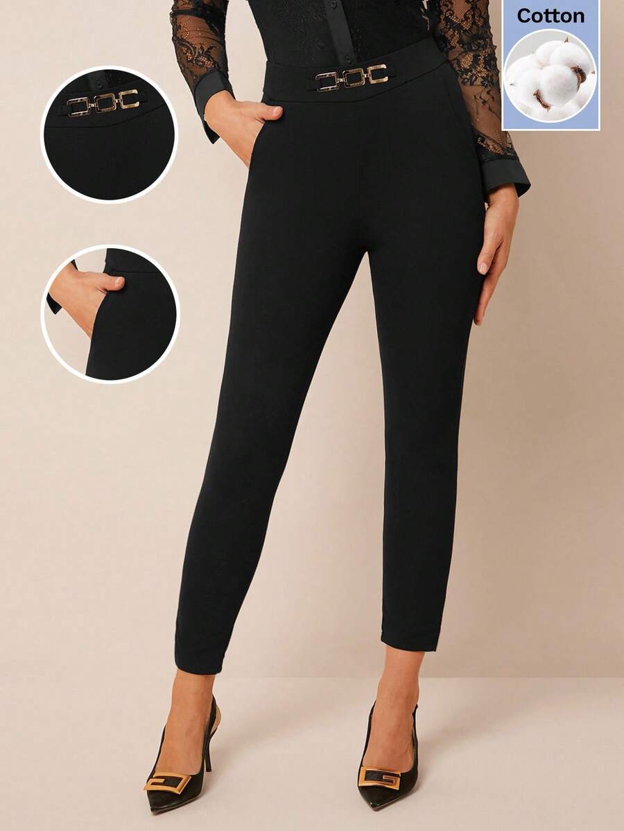 Amorya Women's Cotton Black High Waist Metallic Buckle Detail Skinny Pants Cropped Trousers Slim Fit Slacks For Work Autumn Elegant - Black - View 1