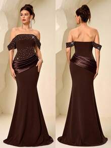Coutiva 女士露肩褶裥美人鱼款正式晚礼服，饰有水钻 - 棕色 - 查看 6