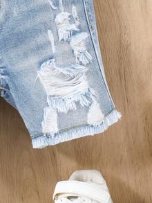 SHEIN Quần short denim bó sát màu xanh dương, kiểu dáng thường ngày, rách rưới, có cúc phía trước và túi, dành cho bé trai, thích hợp mặc đi chơi mùa xuân/hè. - Rửa nhẹ - Xem 5