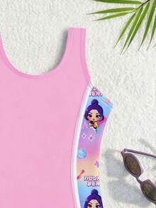 Traje de baño de una pieza con estampado de dibujos animados lindo para niña - Morado - Ver 3
