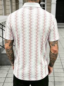 Manfinity CasualCool Men's Colorblock Polo Shirt, Retro Geometric Jacquard Casual Top - Baby Pink - View 2
