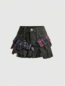 ROMWE Grunge Punk 女士复古朋克拼接格子超低腰牛仔迷你裙 - 黑色 - 查看 1