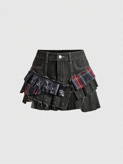 ROMWE Grunge Punk 女士复古朋克拼接格子超低腰牛仔迷你裙