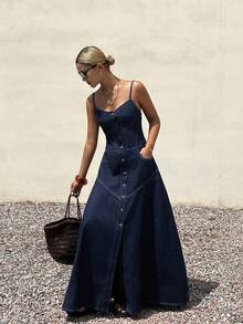 Cotton Spaghetti Strap Washed Casual Waist Cinched Women Denim Dress - Dark Wash - View 4