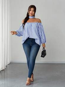 SHEIN Elenzya Áo kiểu trễ vai kẻ sọc mới mùa hè, áo sơ mi trễ vai tay cánh hoa kiểu Pháp Niche. - Màu xanh nhạt - Xem 3