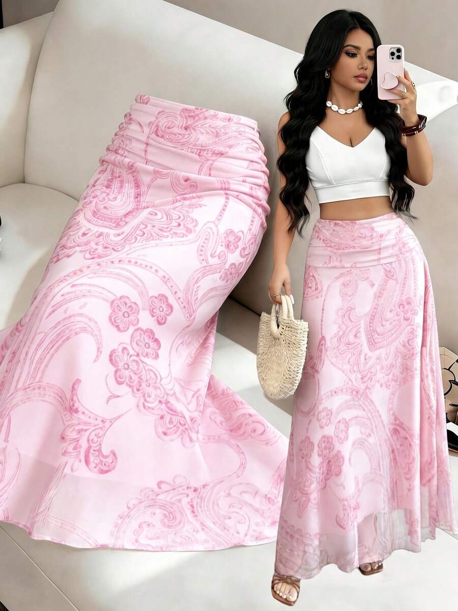 SHEIN Elenzya 女士腰果复古印花A字裙,魅力十足,适合度假、日常穿着、优雅通勤、时尚约会、法式街头风,复古百搭,棕色花卉复古印花,新款春夏长裙 - 粉色 - 查看 1