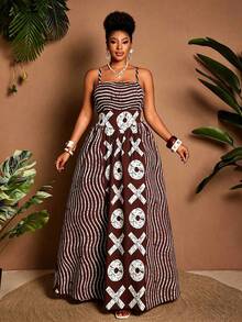 Maweii Plus Size Women's Summer Beach Vacation Outing Patchwork Print Cinched Waist Dress Brown Boho - Multicolor - View 3