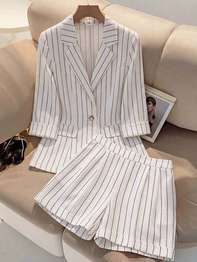 GlowEve Women's Elegant Linen-Like Bamboo Print Striped Sleeveless Vest And Shorts 2-Piece Set, Versatile For Holidays, Daily Commute, French Street Style, Retro, Business, Office, Vacation, Back To School, Teacher Outfit, Elegant Summer Suit