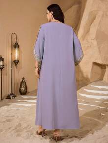 Al Najma Plus Size Solid Color Lace Trim Women Turkish Long Tunic, Arabic Traditional Maxi Dress - Purple - View 2