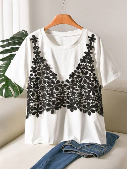 CosyJoli Plus Size Casual Elegant Lace Patchwork Round Neck Short Sleeve T-Shirt