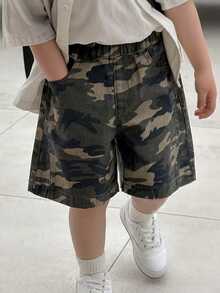 Young Boy Washed Camouflage Print Denim Shorts Summer - Army Green - View 9