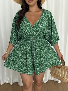 Vionelle Bộ jumpsuit nữ cỡ lớn cổ chữ V cài cúc, tay bồng, dáng rộng, họa tiết hoa thanh lịch, dễ thương, thích hợp cho kỳ nghỉ, phong cách Pháp, mùa xuân/hè. - màu xanh lá - Xem 5